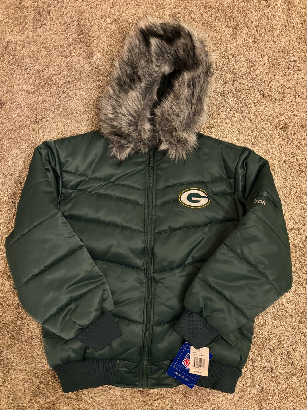Green Bay Packers NFL Reebok jacket youth large 14 faux fur trim hood NEW